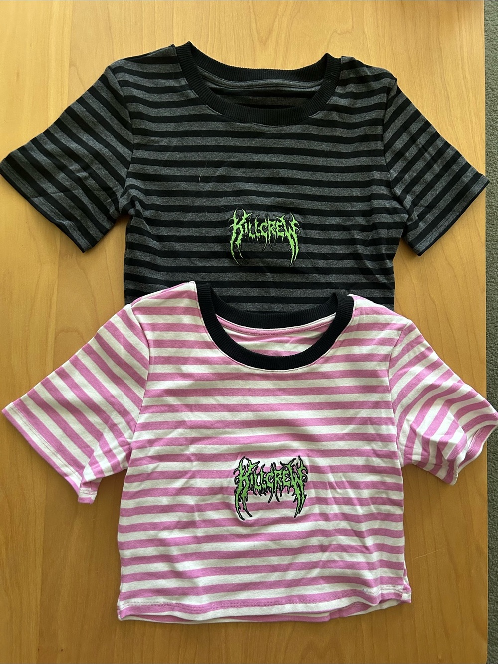 Striped Ringer Crop Tee - Pink/White & Black/Gray (M)
